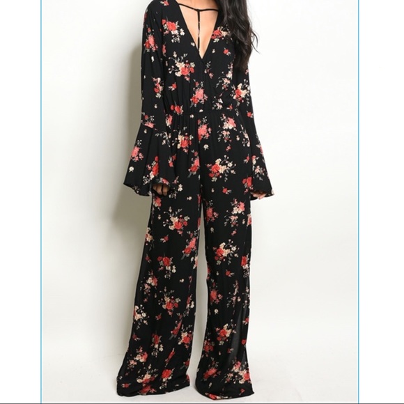 Pants - Floral Bell Sleeve Jumpsuit Pants - Floral Bell Sleeve Jumpsuit